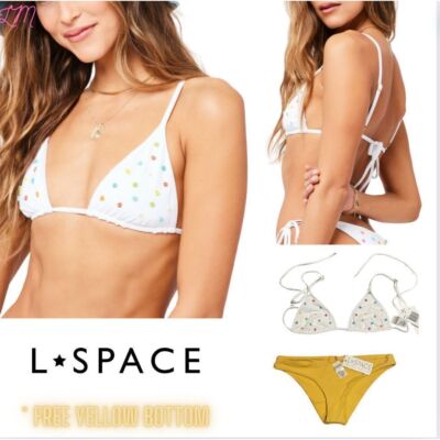 L Space Brittany Triangle Beaded Daisies Bikini Top SIze Small White