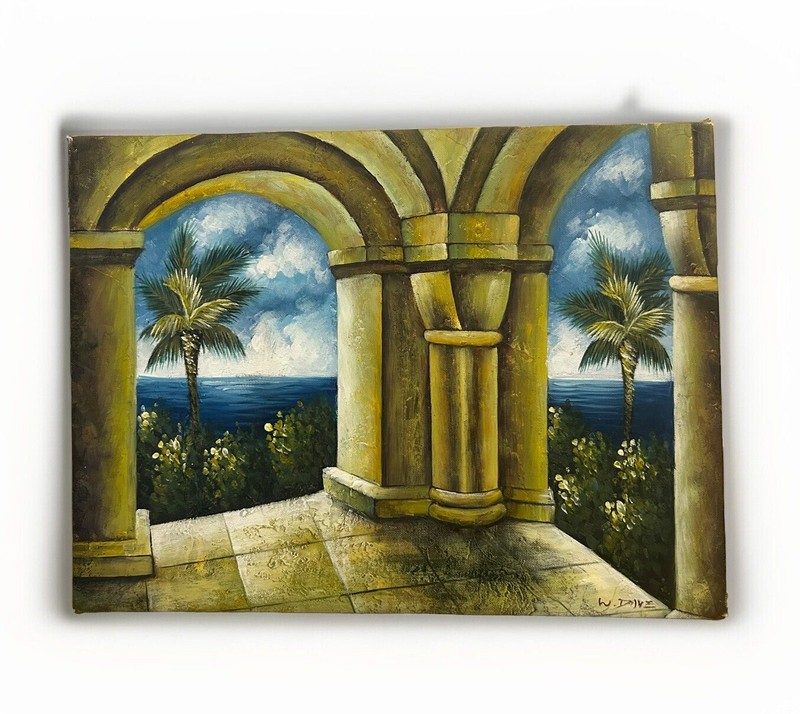 Vintage  Tropical Architecture Painting Signed Textured Fantasy Moody Seascape
