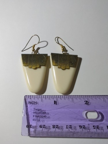Cream & Brass Triangle Dangle Earrings Vintage Art Deco - Picture 4 of 6