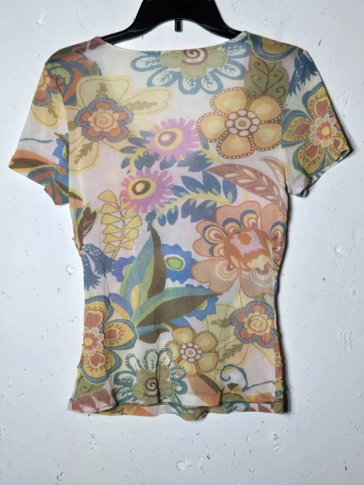 Top de malla floral adornado con lentejuelas para mujer talla mediana Y2K hada arte maravilloso transparente Foto 2 de 4