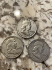3 1954 D Circulated Ben Franklin Half Dollars, 90% Silver, NR, Low starting bid