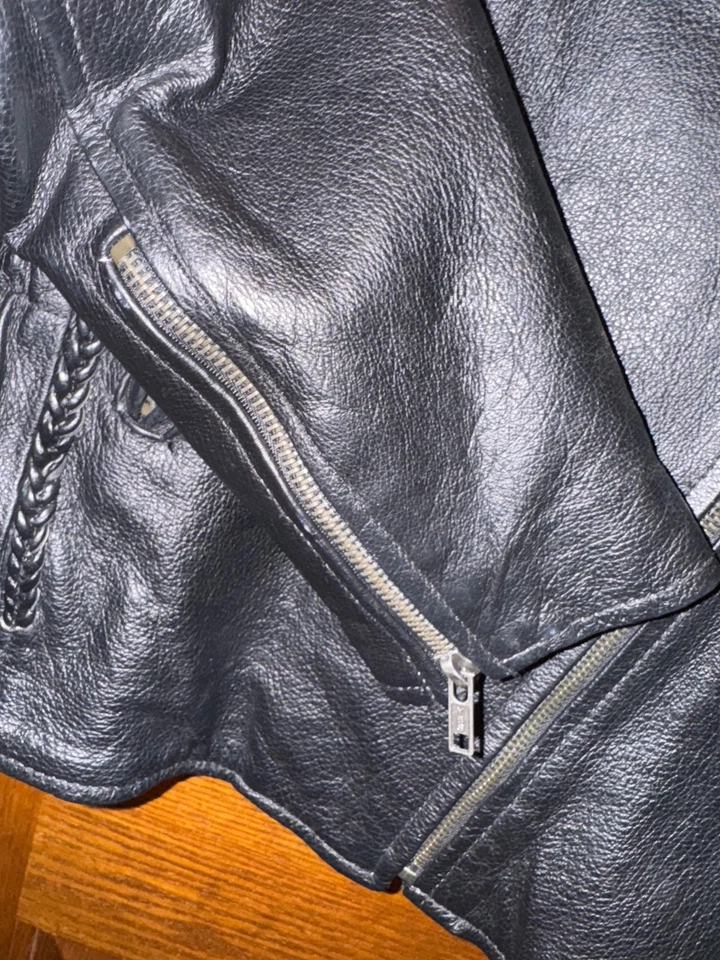 Leather Gallery Mujer Mediana Negro Cuero Moto Chaqueta Trenzado Acentos Cremalleras Foto 4 de 4