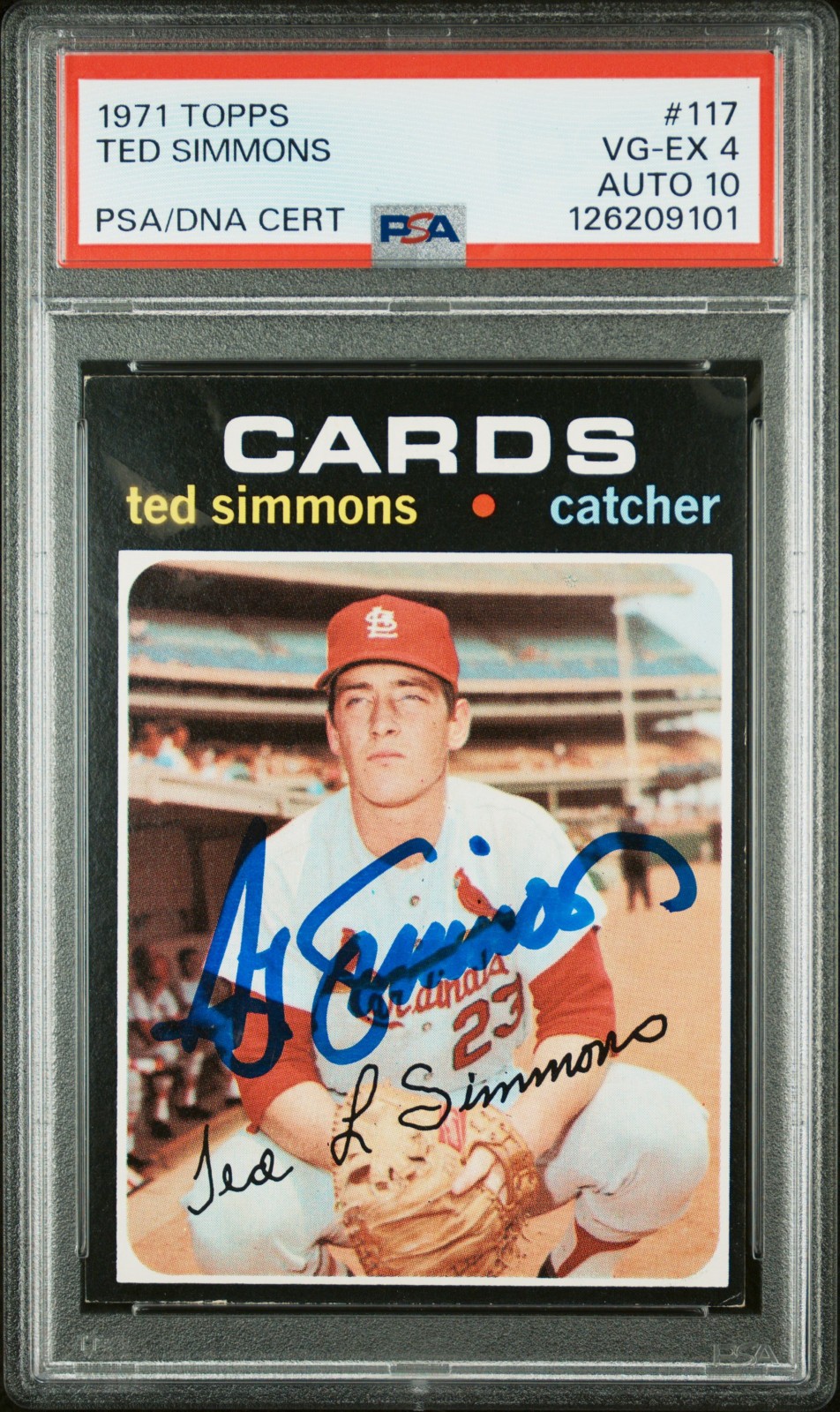 1971 Ted Simmons signed ROOKIE card Topps #117 PSA 4 AUTO 10 RC Cardinals HOF