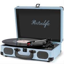 Vinyl Record Player - 3-Speed Bluetooth Portable Belt-Driven Suitcase Turntable