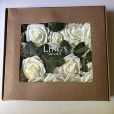 Ling's Moment Artificial Foam Flowers 25 pcs. Ivory Roses w/Stems & Leaves - New