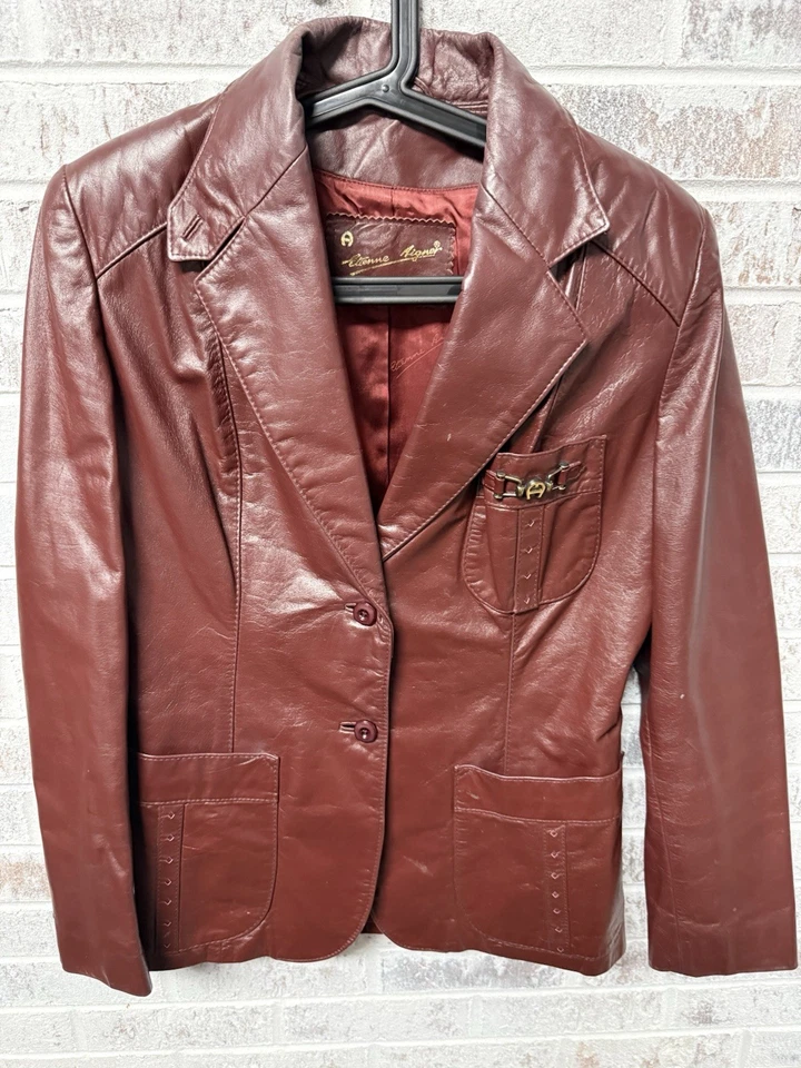 Chaqueta de cuero vintage Etienne Aigner para mujer 12 borgoña forrada retro Foto 2 de 4