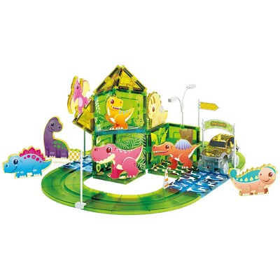 PicassoTiles 89 Piece Dino Park, Racetrack, Magnet Tile, Building Block for Kid