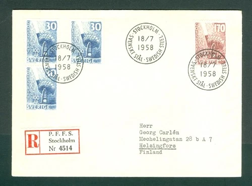 Sweden. 1958 FDC. Reg: 4514. Bessemer. Swedish Steel. Sc# 3/529-530.Adr: Finland