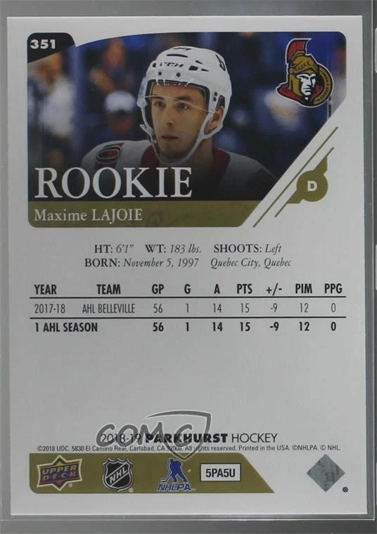 2018-19 Upper Deck Parkhurst Rookies Gold Max Lajoie #351 Rookie RC - Image 2 of 2