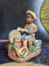 5" African American Farmer Boy with Rooster, Sharpening Axe, Blue Overalls & Hat