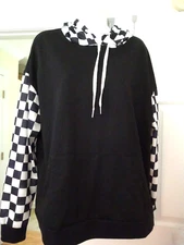Women's Shein Size M Drawstring Hoodie Black/White Checked Sleeves & Hoodie