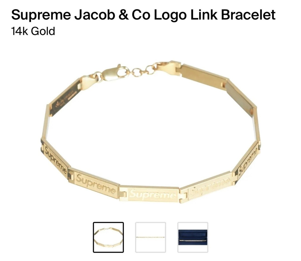 Supreme Jacob & Co Logo Link Bracelet Solid 14k GOLD S/M Small Supreme Jacob & Co Logo Link Bracelet Solid 14k GOLD S/M Small