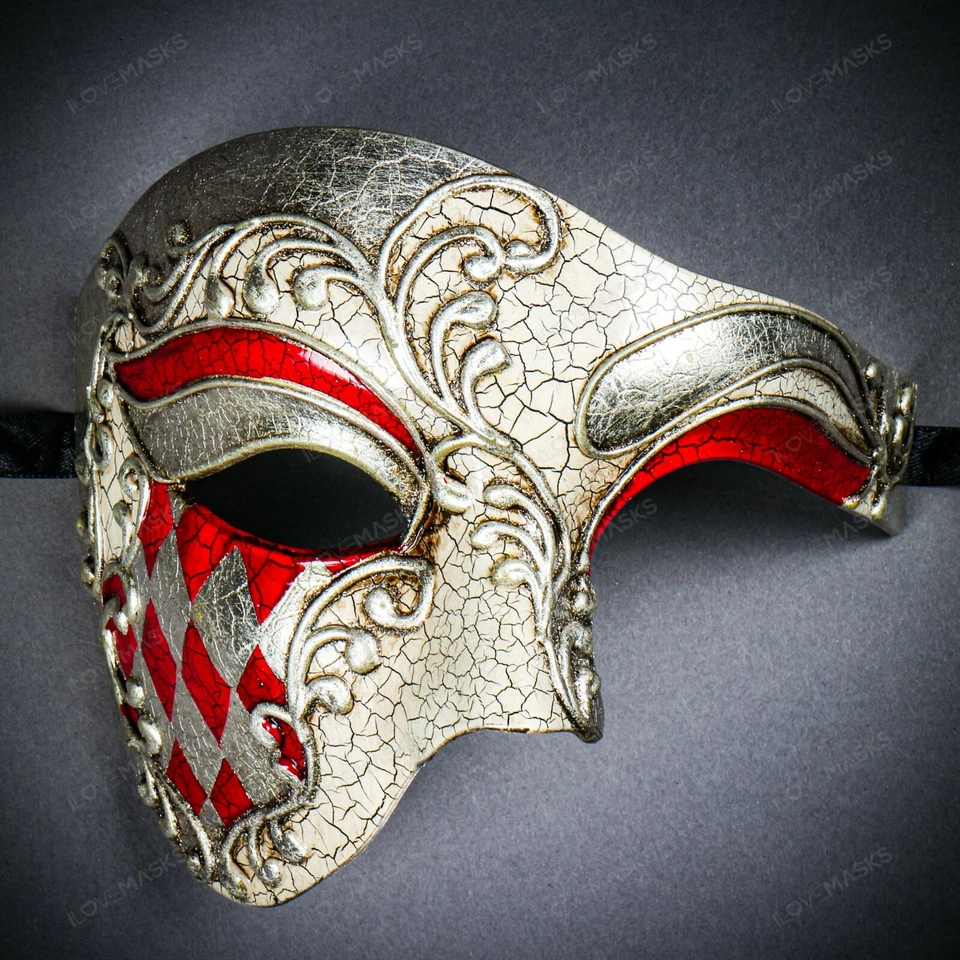 Máscara Phantom Crackle Rojo Plata Lujo Veneciana Media Cara Mascarada Baile Fiesta Foto 2 de 4