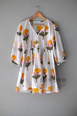 Floral Hand Block Printed Soft Cotton Kyra Midi Summer Dresses for Women/Girls