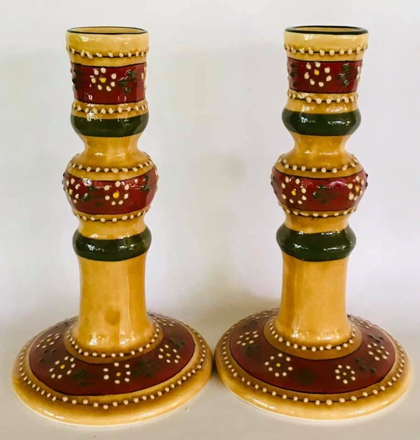 2 Beautiful Talavera Ceramic 8" Candle Holders Mexican Folk Art