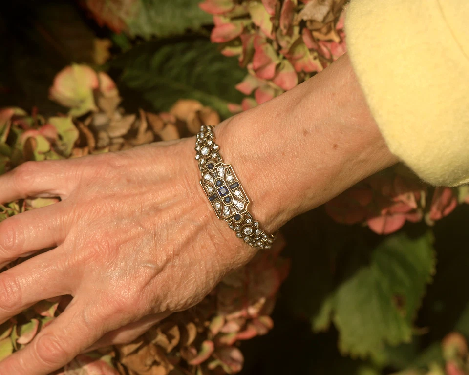 Armband Golden Antik Kunst Deko Rechteck Strass Blau Vintage Stil Ehe QD32 - Bild 4 von 4