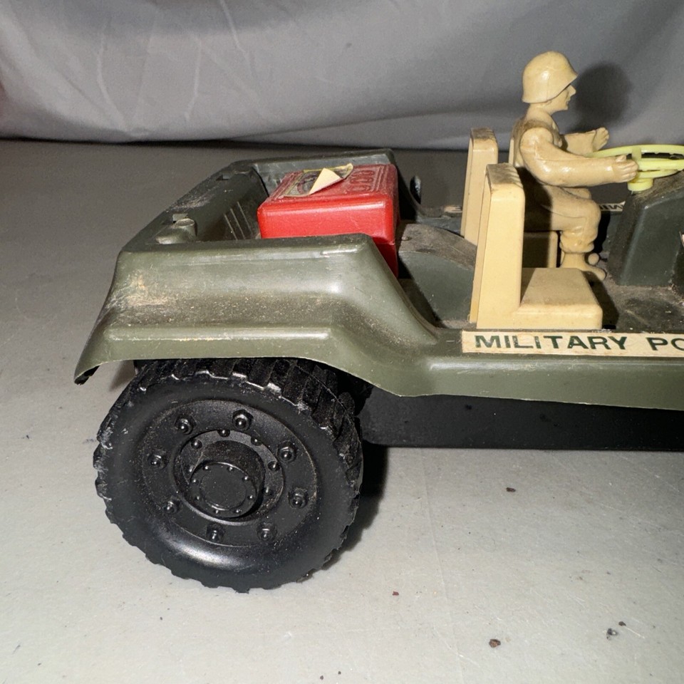 Vintage Tin And Plastic Toy Jeep Military Police 8.5” Long Wind Up