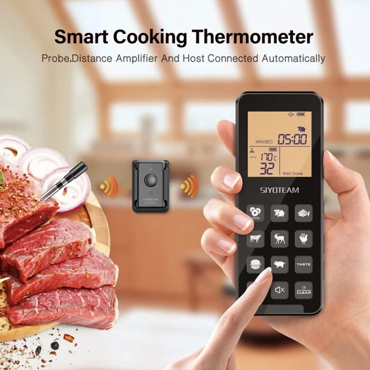 SIYOTEAM Meat Thermometer Digital Wireless Smart Cooking Grilling Smoking BBQ