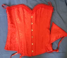 Bustier corset top and thong Red satin Damask  sz L Waist 28/32 side zip