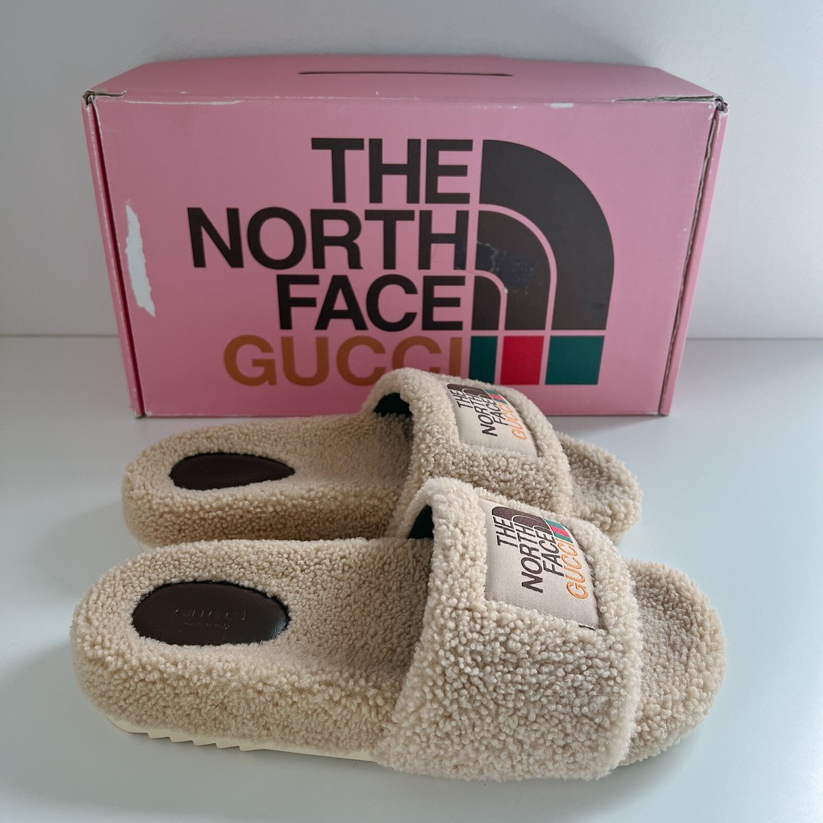 The North Face X Gucci Womens Faux Fur Printed Slide Sandal