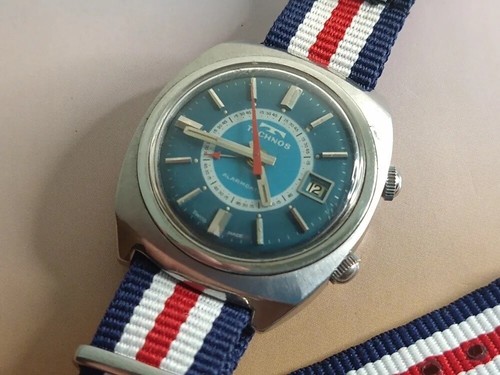 Cadran De Montre Technos Alarmdate Bleu Galbé 28 Mm - Neuf Sans Boîte