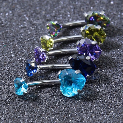 Gold Heart Shaped Crystal Belly Bars Women Body Piercing Navel Ring Button - Picture 3 of 20