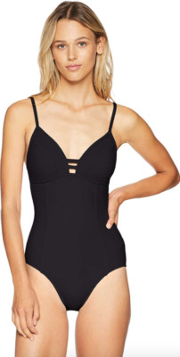Seafolly L4125 Black Solid One Piece Swimsuit Quilted Detail Women's Size 6