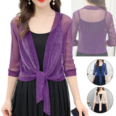 Womens Shiny Sheer Mesh Tie Cardigan 3/4 Sleeve Open Front Bolero Shrug Shawl