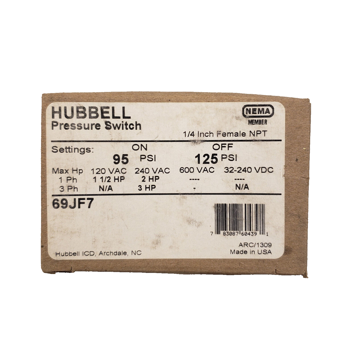 HUBBELL Furnas 69JF7 69MB7 5130028-01 Air Compressor Pressure