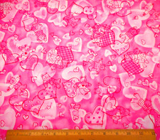 Valentine Fabric 1 3/4 Yard Teddy Bear Hearts Metallic Pink Cotton Vtg C