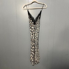 Victoria's Secret Tan Leopard Print Lace Trim Satin Side Slits Midi Slip Dress S