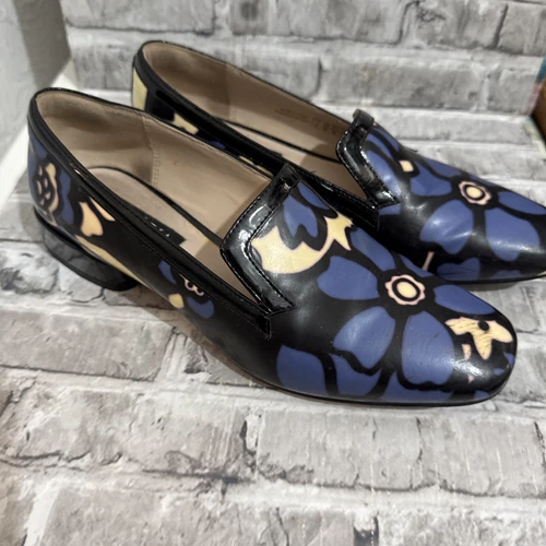 Scarpe mocassino Clarks serie V&A vernice blu crema floreale brogue UK 3 ottime condizioni