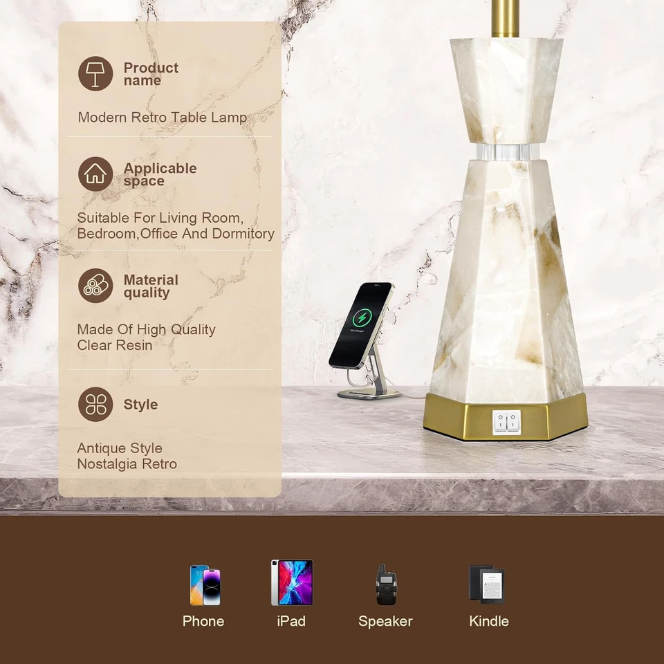 Natural Alabaster Table Lamp Living Room Lamps Set of 2 Nightstand Lamp with Nig - Image 4 of 4