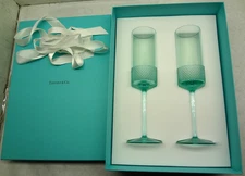 NEW Tiffany & Co. Blue Diamond Point Flutes Crystal Champagne Glasses Set of 2