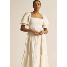 Nothing Fits But Kiko Midi Dress Cream Smocked Puff Sleeve Maternity Cottagecore