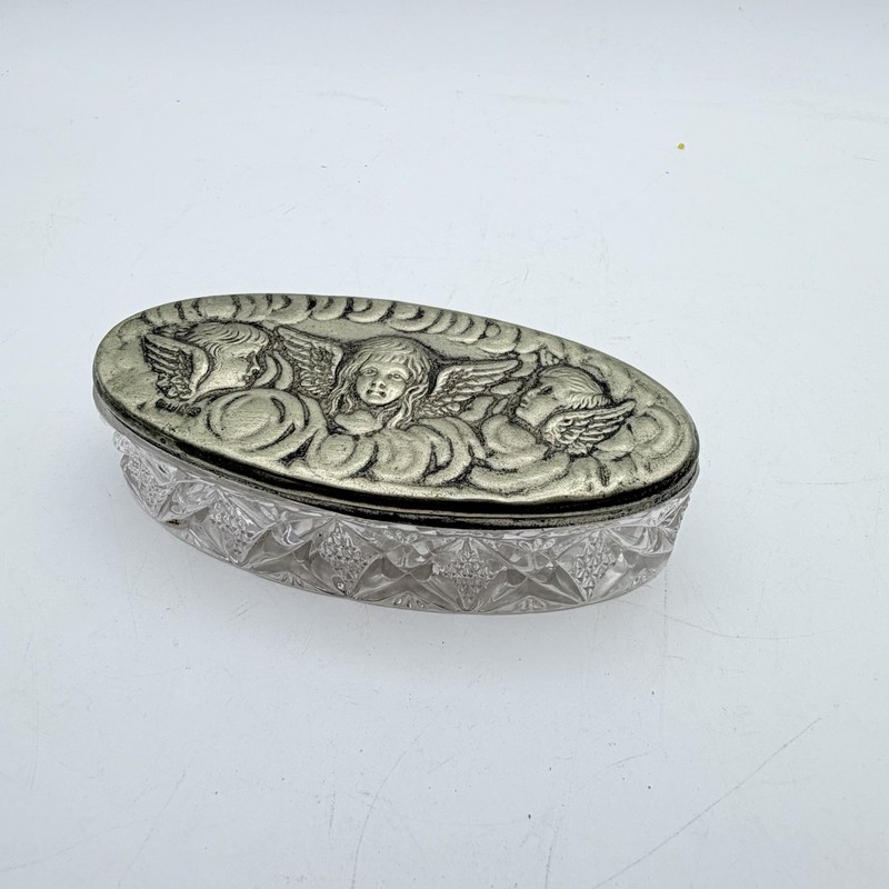 Vintage Cherub Putti Oval Trinket Box Pressed Glass Dresser Vanity Jewelry Box