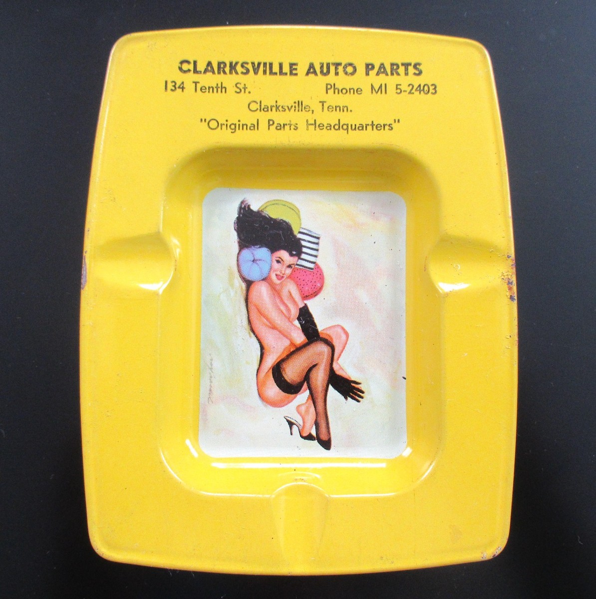 Vintage 1950s Pinup Tin Litho Advertising Ashtray Glamour Girl