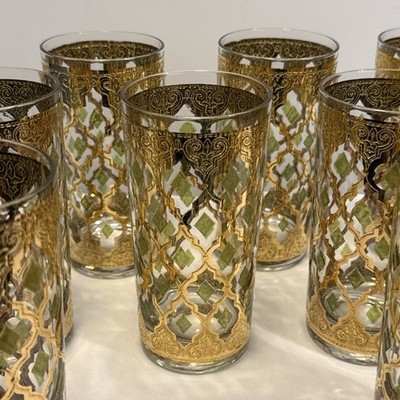 9 Vintage Culver Valencia 22K Gold Green Diamond Highball MCM Glasses