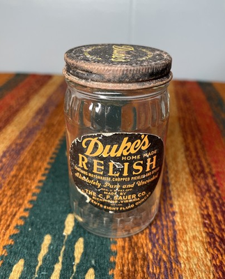 #ad Vintage Dukes Home Made Relish Jar with Label amp; Lid 8 Ounces Sauer Co. $29.99