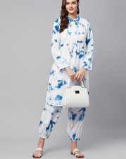 Blue Cotton Shirt Style Two Piece Outfit for Women , Daily Wear, Casual Wear