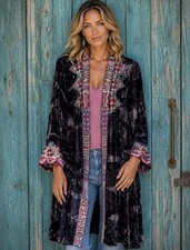 NEW Johnny Was L Large Velvet Long Kimono Duster Embroidered Cardigan Jacket