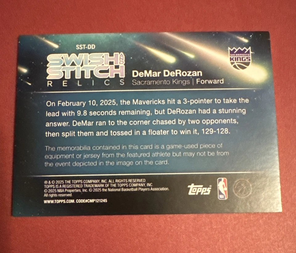 2025 Topps Baloncesto DeMar DeRozan Swish And Stitch Juego Usado Reliquia SST-DD Foto 2 de 2
