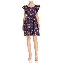 Jill Stuart Women's XS NWT Blue Red Floral Tiered Dress Mini Ruffle Sleeve