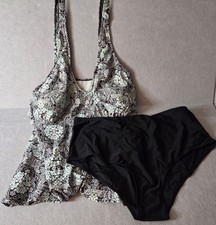 Women's Tankini Swim Set XL Black Floral Swimdress Top High Waist Bottoms NWOT