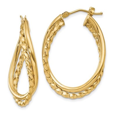 Real 14K Yellow Gold Textured and Polished Twist Oval Hoop Earrings