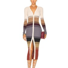 Staud Shoko Ribbed Knit Button Front Dress in Sahara Stripe Size XL