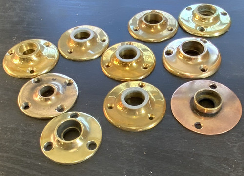 10 Antique 2" brass door knob escutcheons - colonial traditional, 3 screw holes