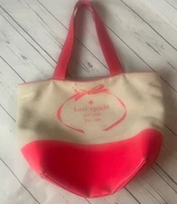 Kate Spade Heritage Logo Canvas Tote Bag White Coral Pink Bow Bottom