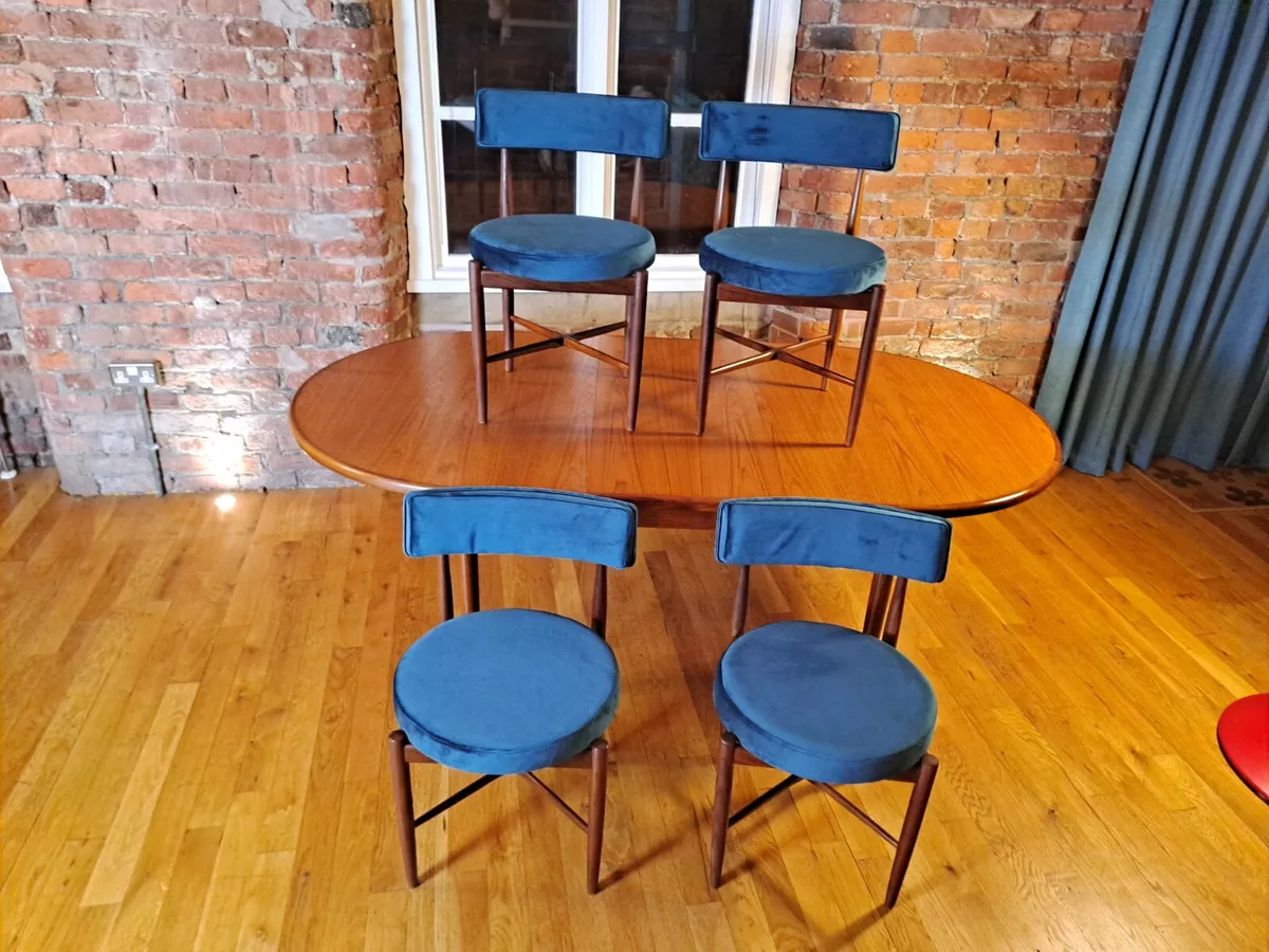 G Plan Fresco Restored Dining Table and 4 Chairs teal Velvet Retro