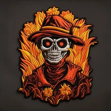 Scarecrow Patch Embroidered Iron-on Applique Halloween Harvest Moon Orange Glow